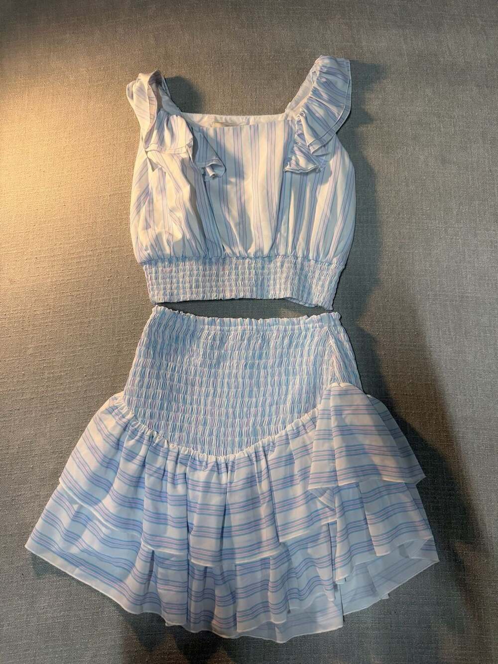 Be Girl Clothing Striped Smocked Crop Top and Ruffled Skirt Two-Piece Set